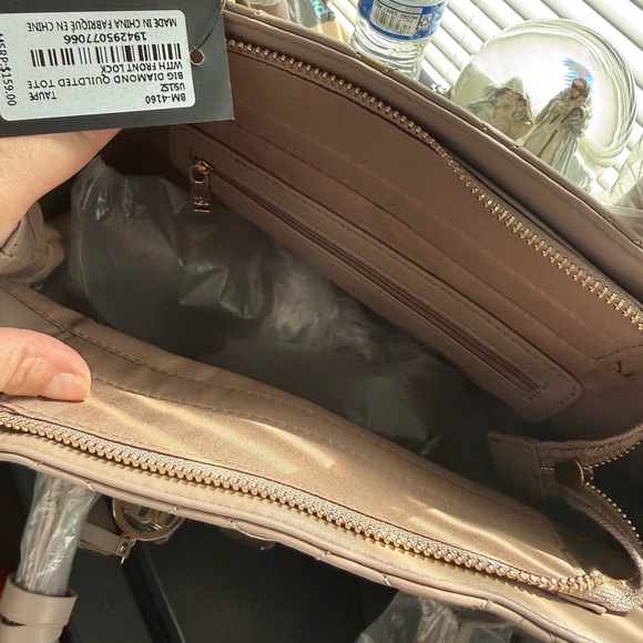 Bradley Mischka Quilted Taupe Handbag with Gold Accents